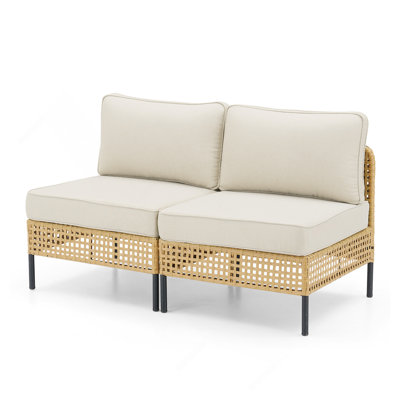 Outdoor Natural Wicker Sofa Boho Patio Sectional Loveseat Furniture Set With Beige Csuhions