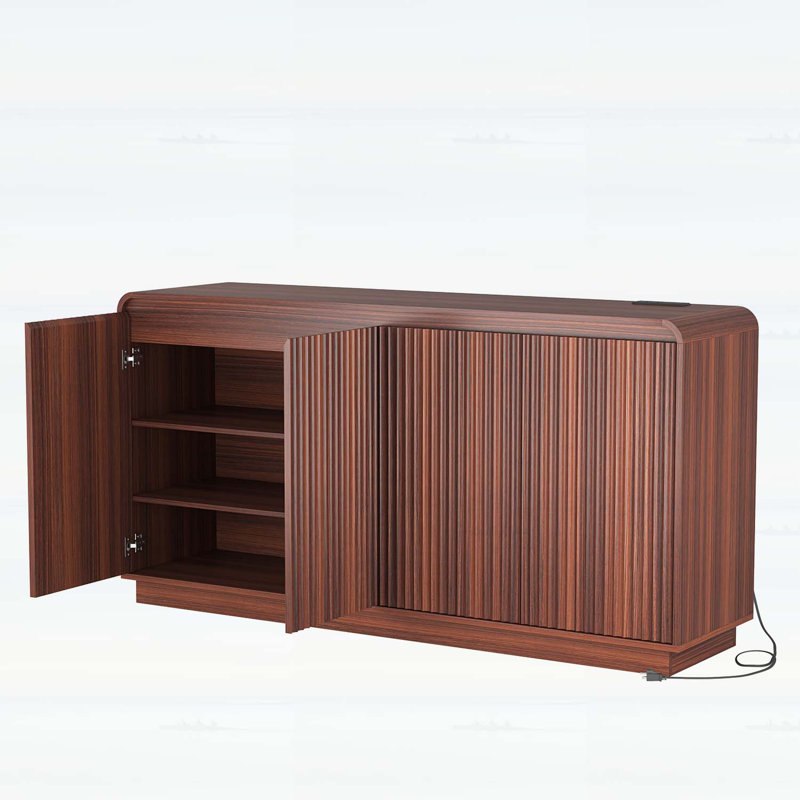 Armoire de rangement cannelée à 4 portes avec prise de courant, Noyer