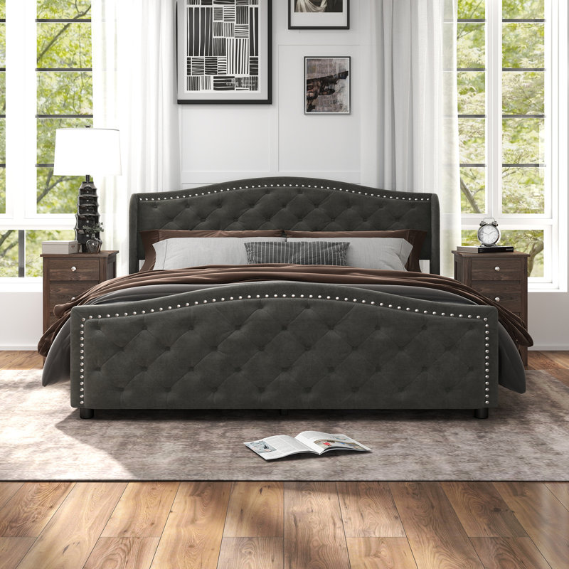 Kassaia Velvet Platform Bed with Tufted Headboard & Drawers