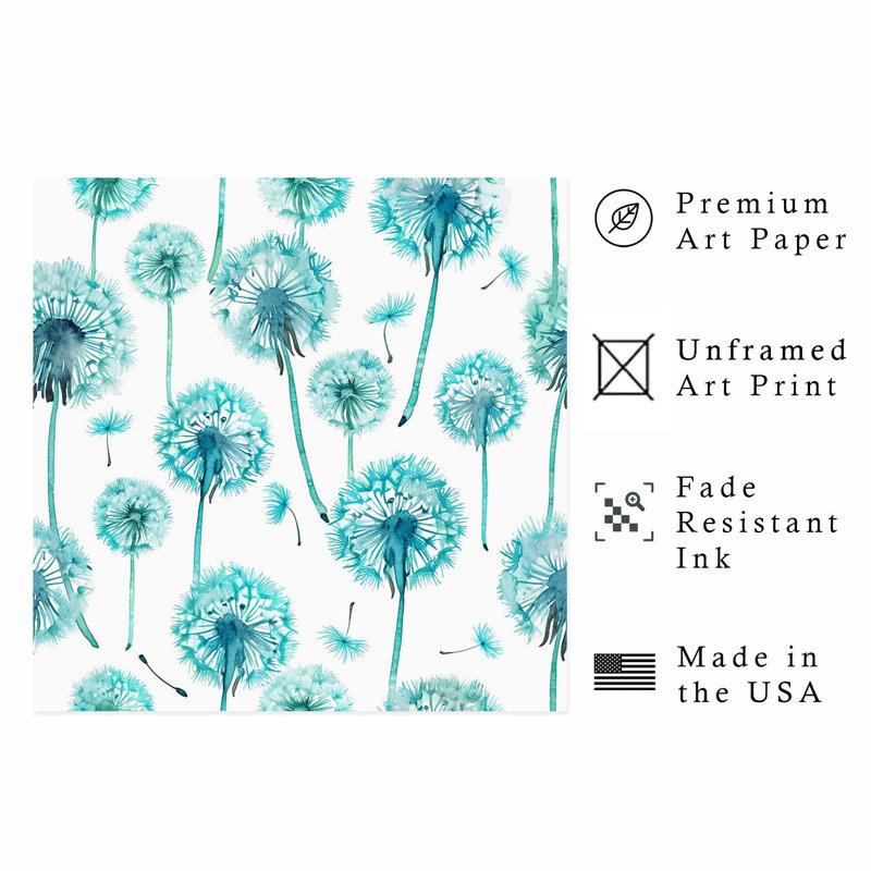 «Botanical Turquoise Teal Dandelions II», reproduction d'art moderne sans cadre, H 24 po x l 24 po