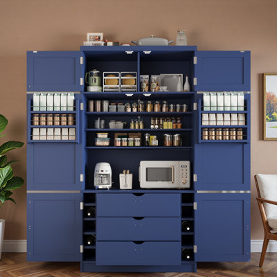 Tall Freestanding Kitchen Pantry With 2 Power Outlets, 3 Bottom Drawers, 6 Door Shelves, Wine Racks And Storage Cabinet