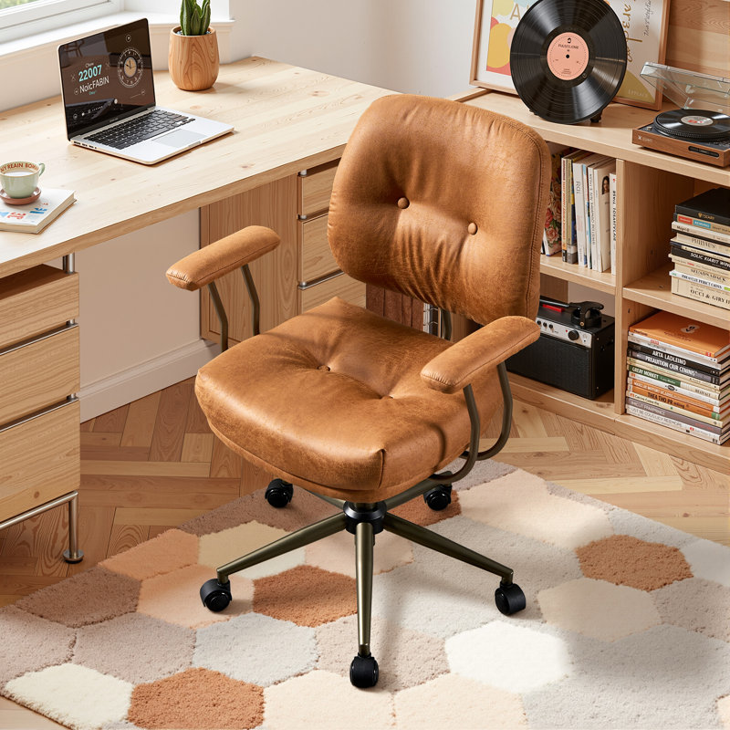 Modern Suede Task Chair With Padded Arms, Adjustable Home Office Desk Chair, Executive Swivel Chair With Wheels, Brown