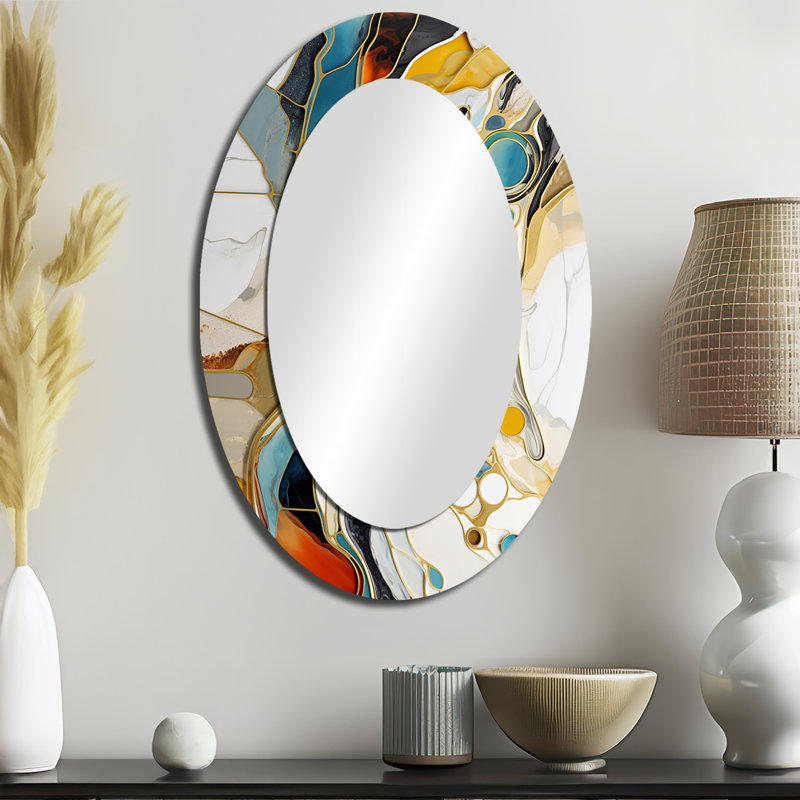 Abstraction à encre liquide bleue et jaune Harmony III - Miroir décoratif ovale abstrait sur métal, H 36 po x l 24 po