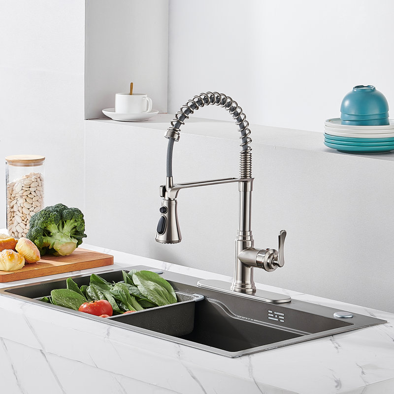 Forious® Ultra Pull Down Single Handle Kitchen Faucet with Deck Plate, Brushed Nickel