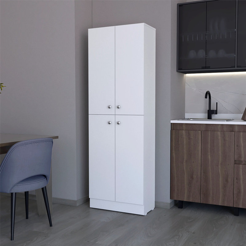 Garde-manger élégant et fonctionnel avec 4 portes et 5 tablettes cachées pour un rangement moderne, Blanc