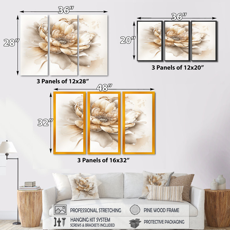 Indigold Beige Flower V - 3 pièces, reproduction sur toile, Noir, H 28 po x l 36 po x P 1 po
