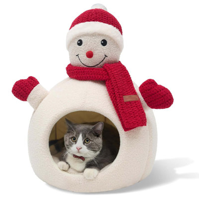 Grotte de bonhomme de neige de Noël pour chat avec coussin amovible, maisonnette chaleureuse pour animaux de compagnie, fond antidérapant pour les vacances