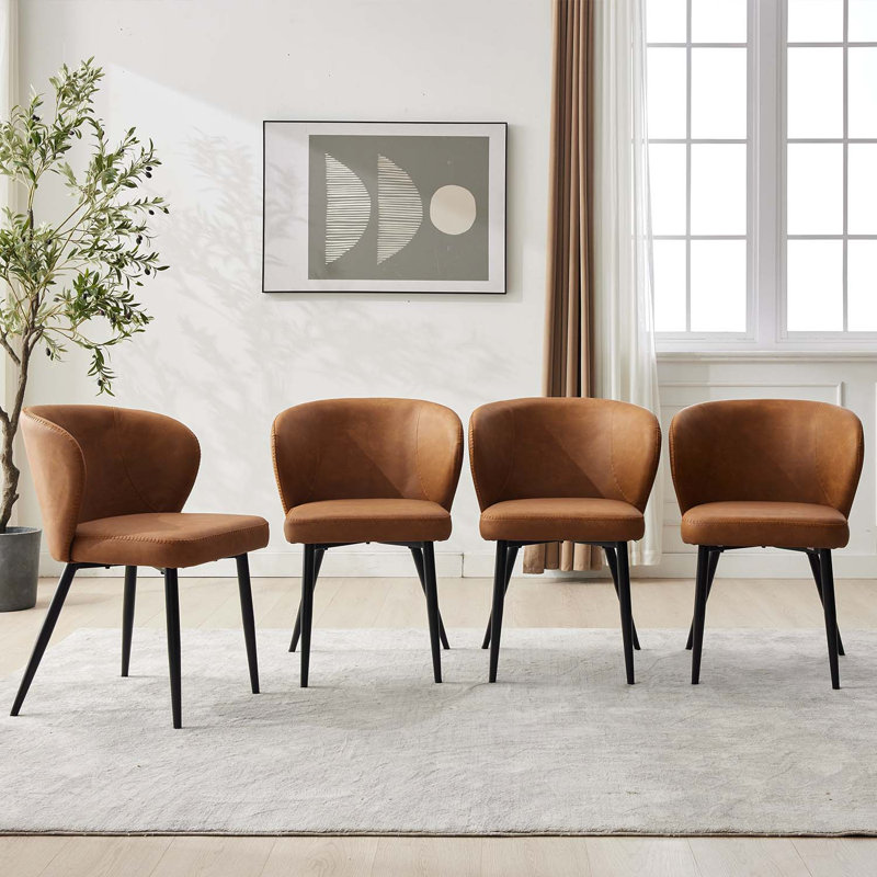Leather Dining Chair Modern Kitchen & Makeup Chair, Side Chair With Stell Legs, Ergonomic Backrest, Brown, 4