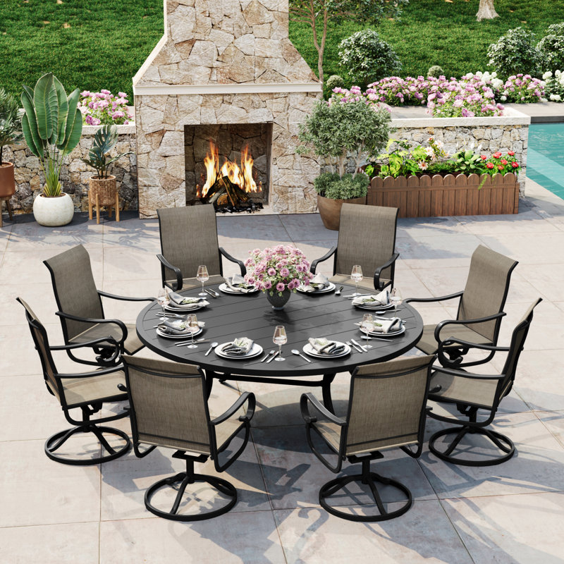 8-Person Patio Dining Set with 60“ Round Dining Table and 360° Swivel Textilene Rocking Chairs, Black/Brown