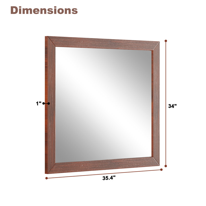 Miroir mural mural en bois massif, miroir droit de salle de bain de 5 mm,, Brun traditionnel, 34 po x 36 po