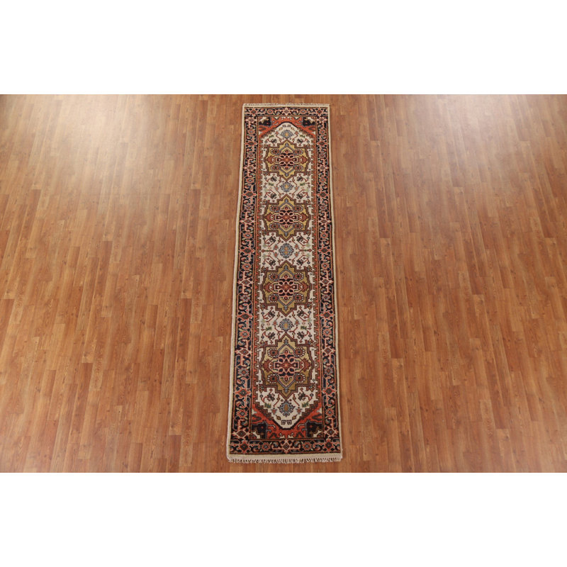Tapis de couloir ivoire en laine noué à la main de conception unique 2 pi 7 po x 10 pi 1 po New Age