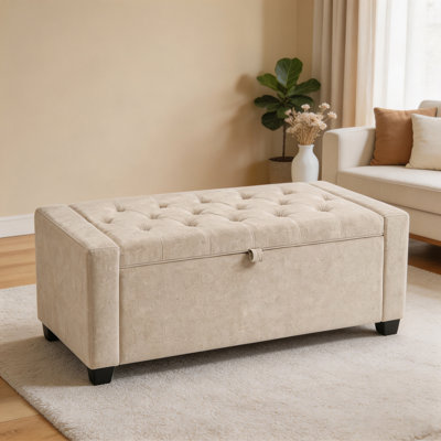 Banc de rangement en chenille rembourré avec charnière de sécurité, repose-pieds de bout avec rangement rabattable - Banc beige pour le salon, le vestibule et la chambre à coucher