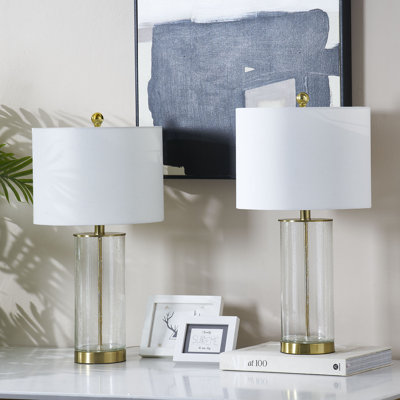 Brokk 23.5" Bubble Glass Table Lamp with 3-Way Dimming, Linen Shade and Metal Base for Living Room and Bedroom