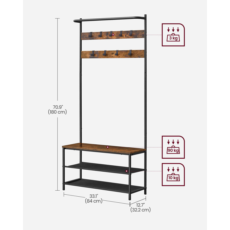 Hall Tree 33.1"W Wide With Bench And Shoe Storage, Entryway Bench With Coat Rack Stand, 9 Movable Hooks, Top Bar