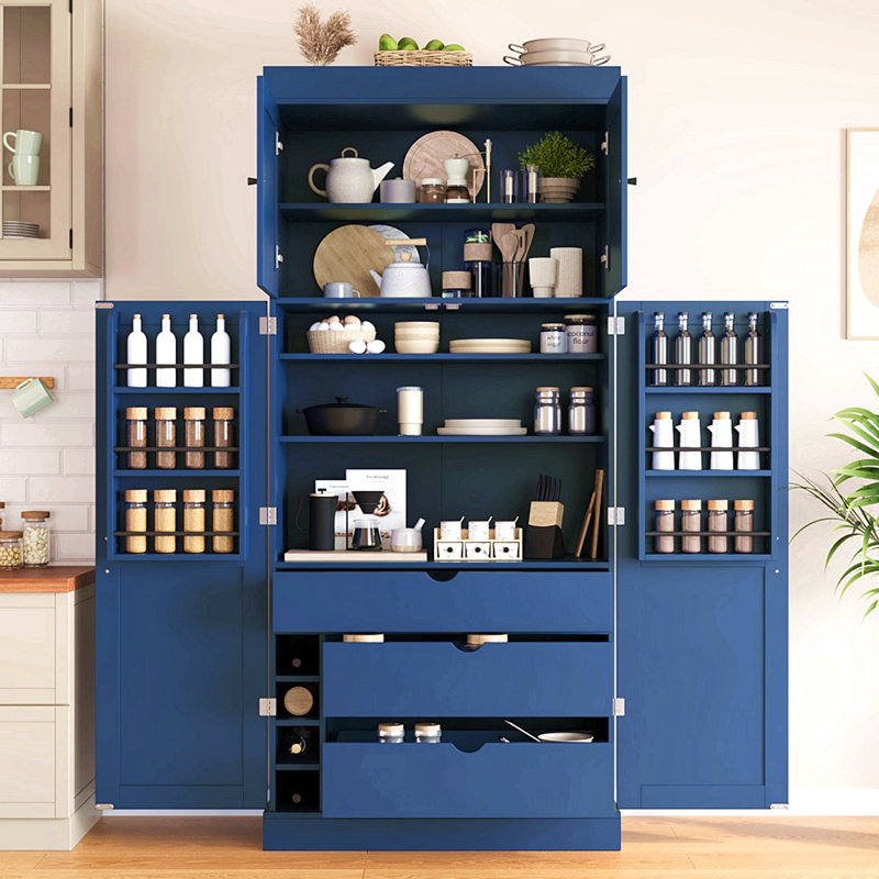 77'' Tall Freestanding Kitchen Pantry, 35''Lx17.7''W Cupboard Storage Cabinet With Adjustable Shelves,Door Shelves, Drawers And Wine Racks