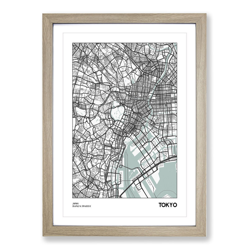 Map Tokyo Japan - Picture Frame Graphic Art, 65cm H x 48cm W x 2cm D, Oak