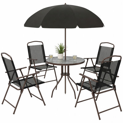Ensemble de salle à manger d'extérieur 6 pièces pour 4 personnes avec parasol, table ronde en verre trempé de 80 cm et 4 chaises pliantes en maille, acier, noir et café