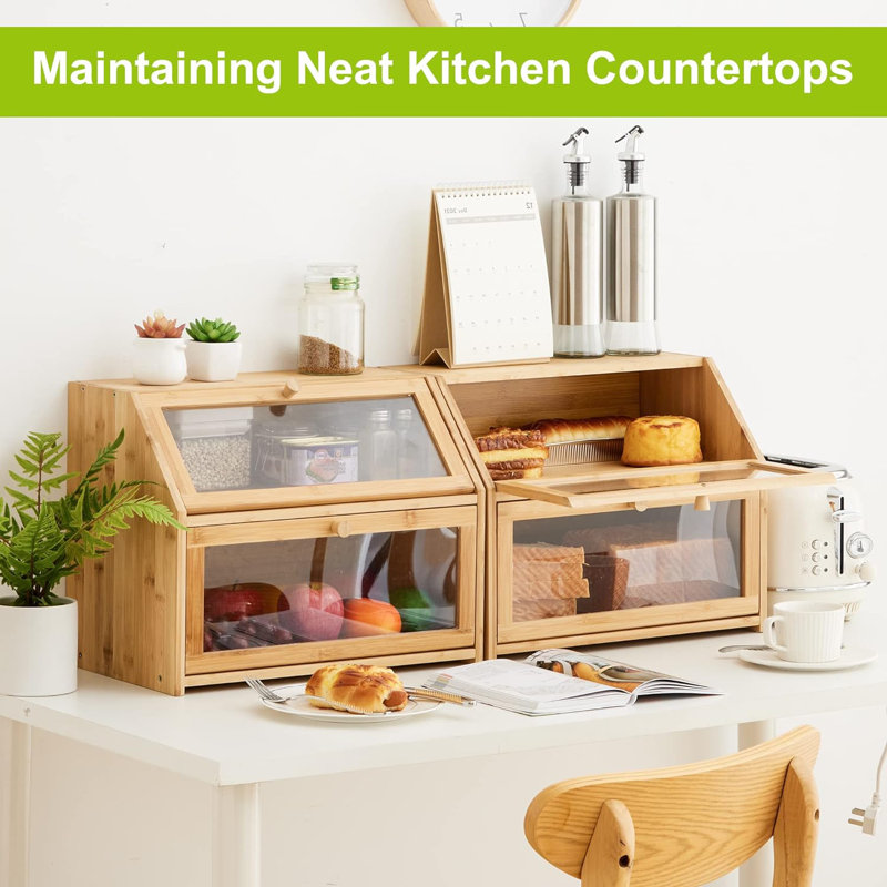Bread Storage Farmhouse Bread Box For Kitchen Countertop Bread Container With Clear Window Breadbox Double Layer Bamboo Extra Large Capacity Bin Kitchen Food Storage Container(Natural)