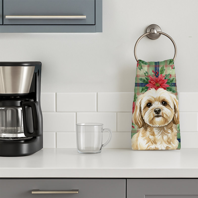 Cream Lhasa Apso Christmas PoinsettIas Kitchen Towel, Cream Lhasa Apso