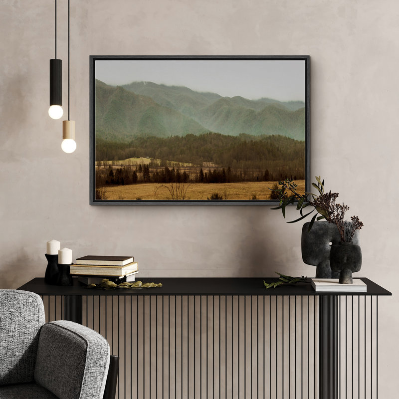 Paysage rustique, montagnes, campagne, campagne, campagne, art rétro, paysage naturel, Cadre noir, H 16 po x l 24 po