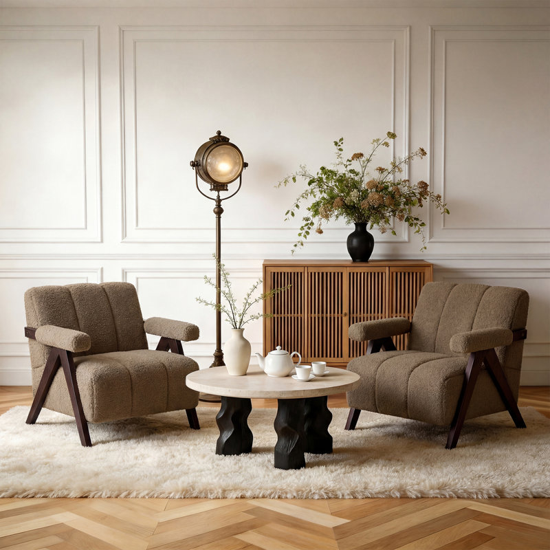 27.6" Wide Bouclé Upholstered Accent Chair With Solid Wood Legs, Mid-Century Modern Armchair, Mushroom Taupe Boucle