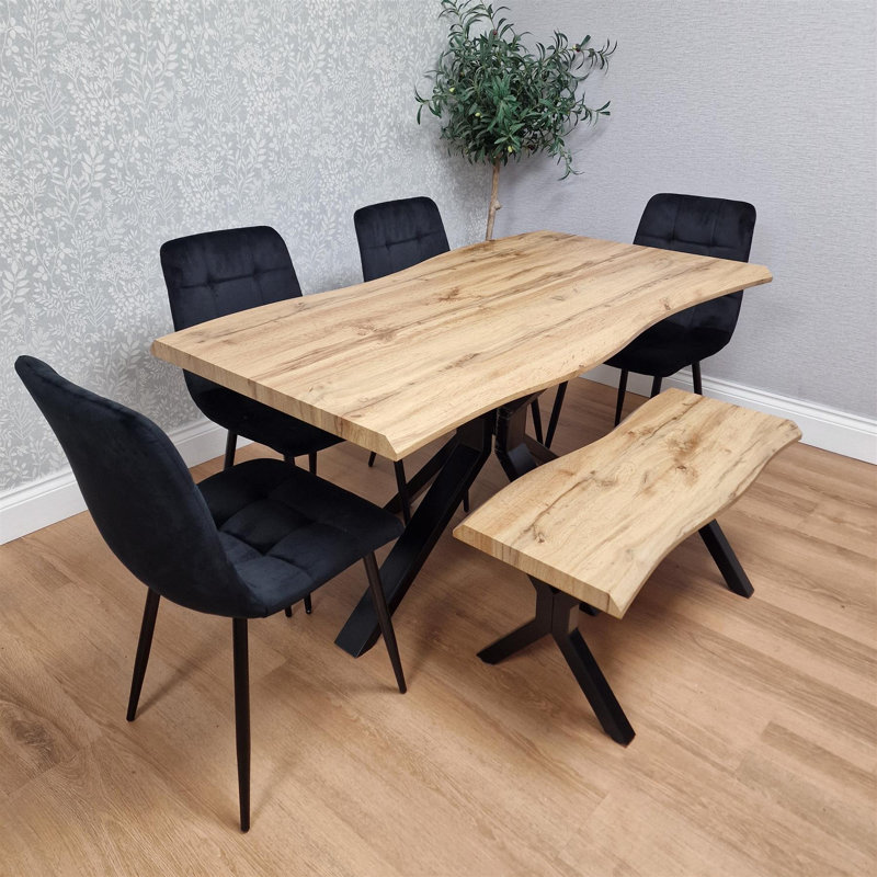 Wooden Brown Dining Table with Bench and 4 Black Velvet Chairs, Stylish Dining Room Furniture