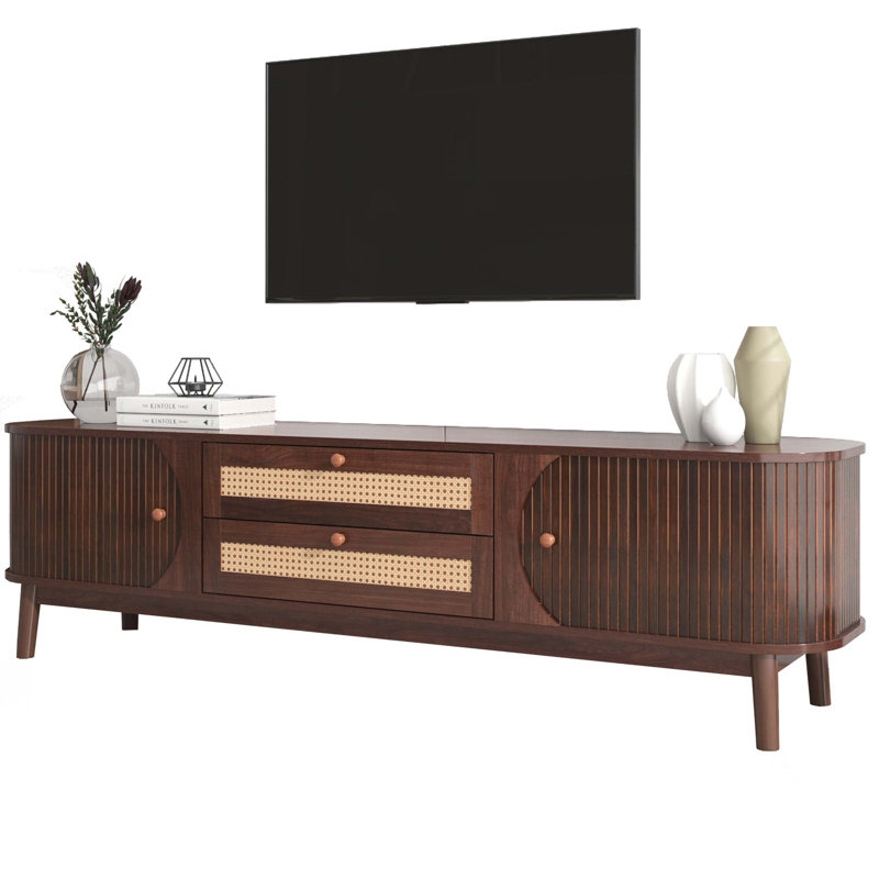 Rattan TV Stand for TVs up to 75'', Modern Farmhouse Media Console, Entertainment Center with Solid Wood Legs