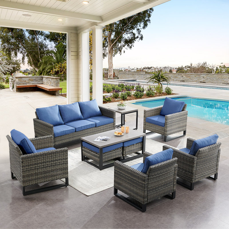 Nazime Wicker 7 - Person Patio Conversation Set with Cushions, Blue