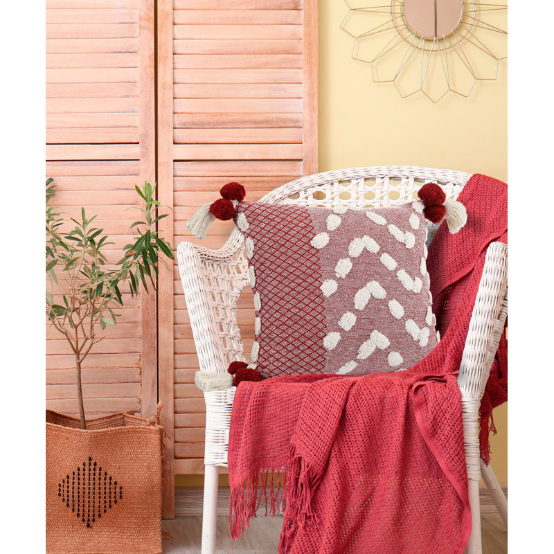 Housse de coussin décoratif contemporaine faite à la main 100% coton à motif géométrique, Rouge