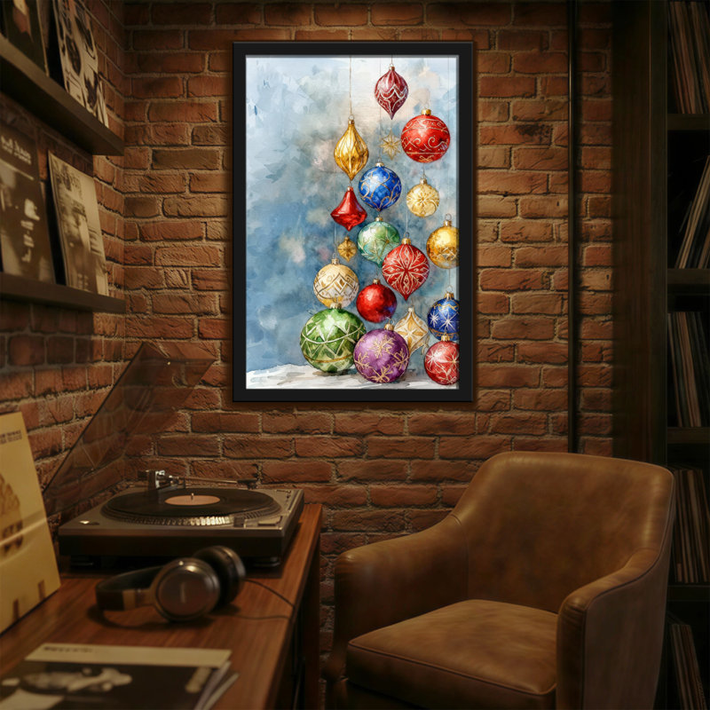 Ornements de Noël colorés suspendus sur fond bleu, H 30 po x l 20 po