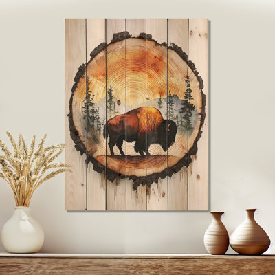 Bison américain «Into The Woods II» - Décoration murale en bois animal Buffalo - sur bois de pin naturel