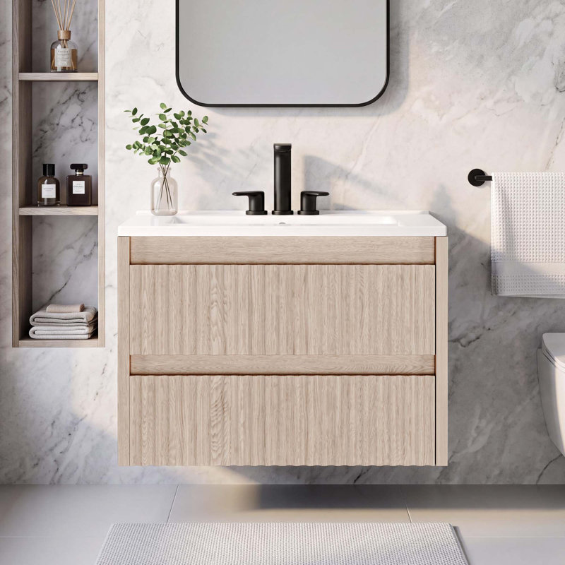 Meuble-lavabo mural moderne cannelé de 61 cm (24 po), 2 tiroirs, lavabo en céramique blanche, revêtement en PVC imperméable