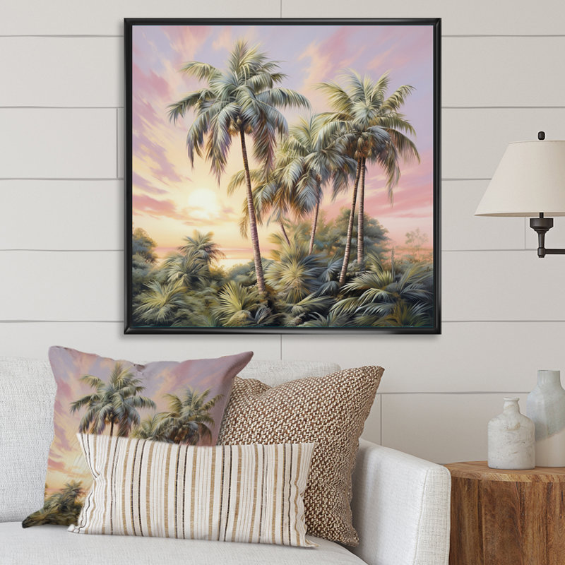 «Palm Trees Romantic Sunset I», reproduction sur toile, H 30 po x l 30 po x P 1 po, Cadre flottant noir