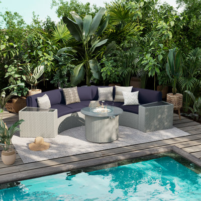Meredithe Half-Moon 4 - Person Fully Assembled Curved Patio Conversation Set With Fire Pit Table & Side Table