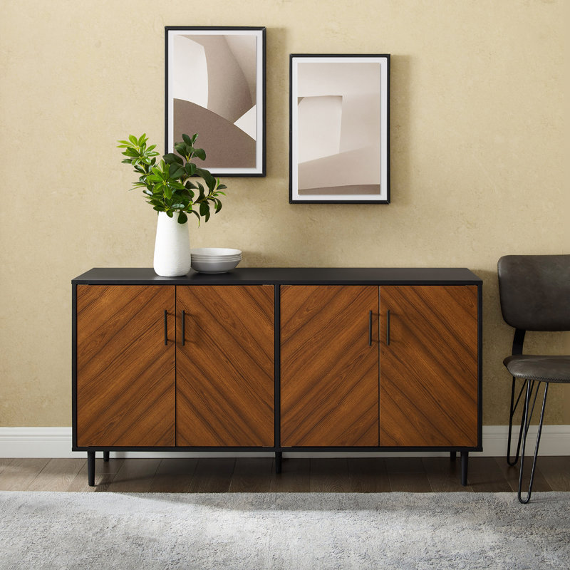 Mid-Century Modern Faux-Bookmatch Door Buffet , Walnut/Black