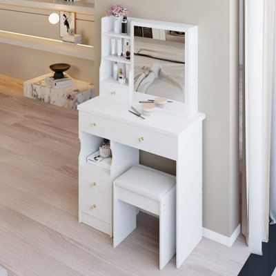 Petit meuble-lavabo 29,2 po avec tiroir à gauche et tabouret rembourré avec miroir coulissant