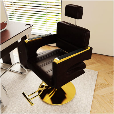 Fauteuil de barbier robuste avec accoudoirs creux, base dorée, fonction inclinable et dossier ergonomique pour salons professionnels.