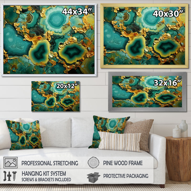 Amazonite dorée verte dorée - géode de pierre, art mural, H 34 po x l 44 po x P 1,5 po, Cadre d'angle fermé noir