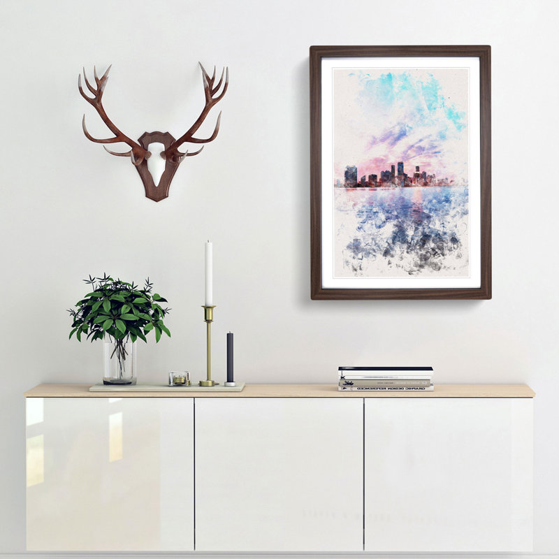 Miami Florida Skyline - Picture Frame Painting Print, 63cm H x 45cm W x 2cm D, Walnut Framed