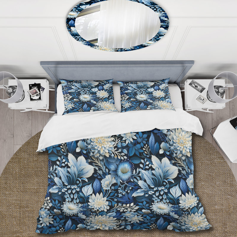 Literie russe, fleurs bleues et blanches I Bedding, Housse de couette pour grand lit et 2 taies décor