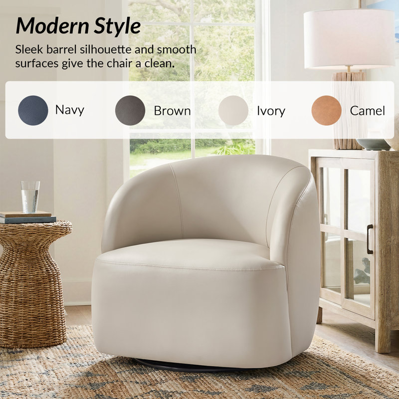 Croix 30.75"W Modern Leather Swivel Barrel Chair with Fully Assembled, Ivory