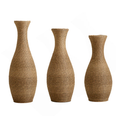 3-piece elegant beige artificial rattan floor vase - a signature item for living room decoration, entrance or hallway - a versatile home decoration suitable for dry or silk flower arrangements