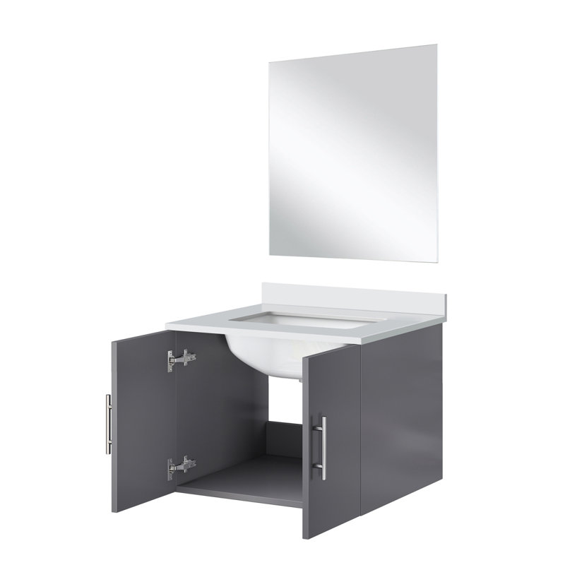 Meuble-lavabo simple gris foncé l 24 po x P 22 po, comptoir en quartz blanc et miroir 18 po