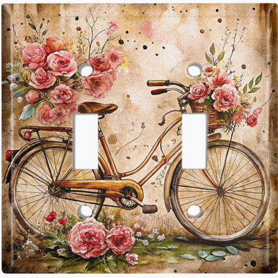 Metal Light Switch Plate Cover; US Standard Size 2 Gang Toggle - Vintage Floral Bicycle Art