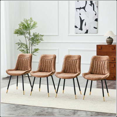 Ensemble de 2 chaises de salle à manger modernes avec tissu Leathaire, pieds en métal noir et pieds réglables à garniture dorée
