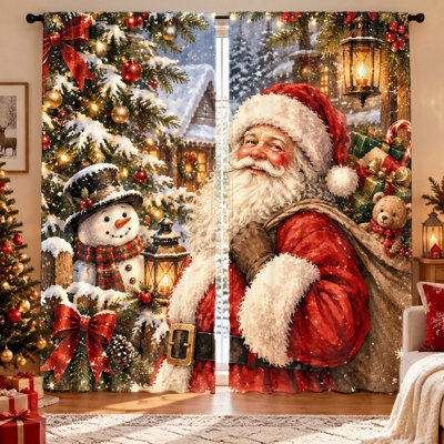Ensemble de 2 rideaux de Noël imprimés Père Noël, bonhomme de neige et sapin, motif festif, tissu filtrant la lumière, protection de l'intimité, ourlet passe-tringle, parfaits pour le salon, la chambre et la décoration intérieure. Un incontournable pour les fêtes de fin d'année.
