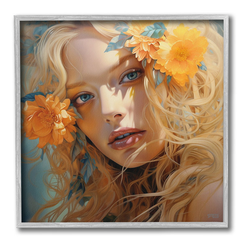 Fille et fleurs orange, estampe numériqueArtbyRB, H 17 po x l 17 po, Giclée encadrée blanc bord de mer