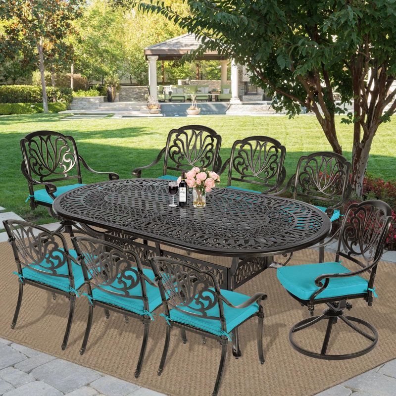 8 - Person Patio Dining Set with Oval Table , Cushions Included, Blue