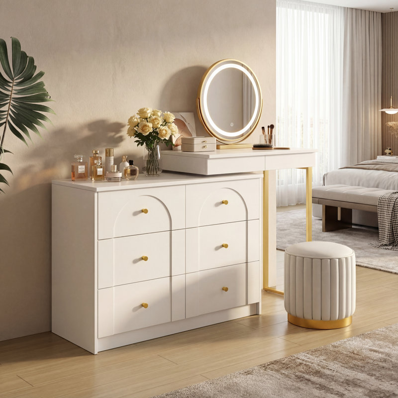 Bureau de coiffeuse blanc avec miroir, lumières DEL, 7 tiroirs, 9 compartiments et 3 tablettes, table de maquillage réglable pour la chambre à coucher