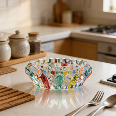 Decorative Crystal Bowl For Home And Office - Elegant K9 Glass Tabletop Decor With Colorful Design, Perfect For Kitchen, Bar, And Gift